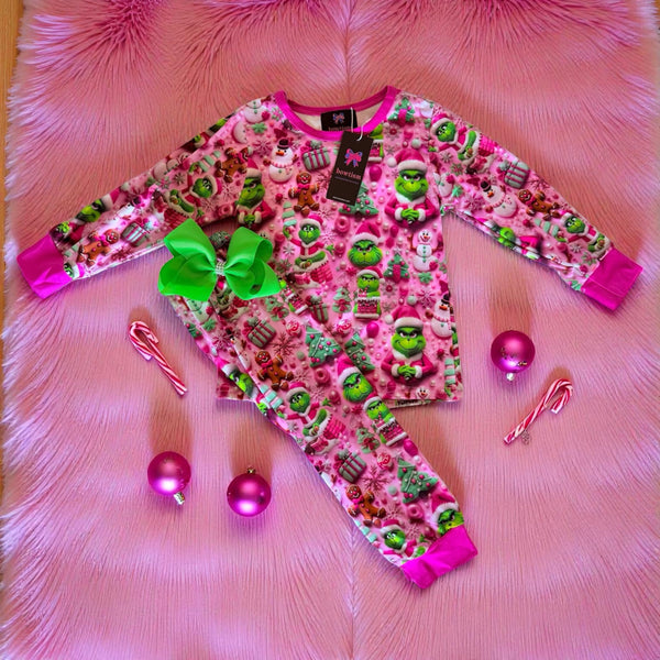 Girls Grinchy Christmas Pink Pajamas Set with Matching Bow